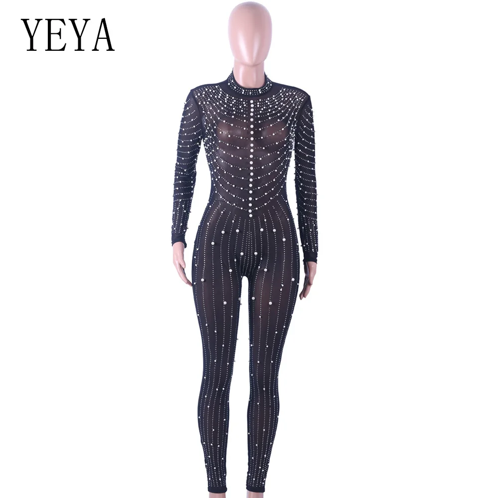 YEYA Women Beaded Embellish Sexy Overalls Black Glitter Rhinestones Mesh See Through Jumpsuit Bodysuits Elegant Party Catsuit