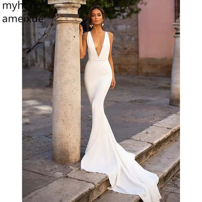

2019 Sexy Cheap White Evening Dress Mermaid Long Prom Dress Sleeveless Deep Evening Gown Sweep Train Custom Made Robe De Soiree