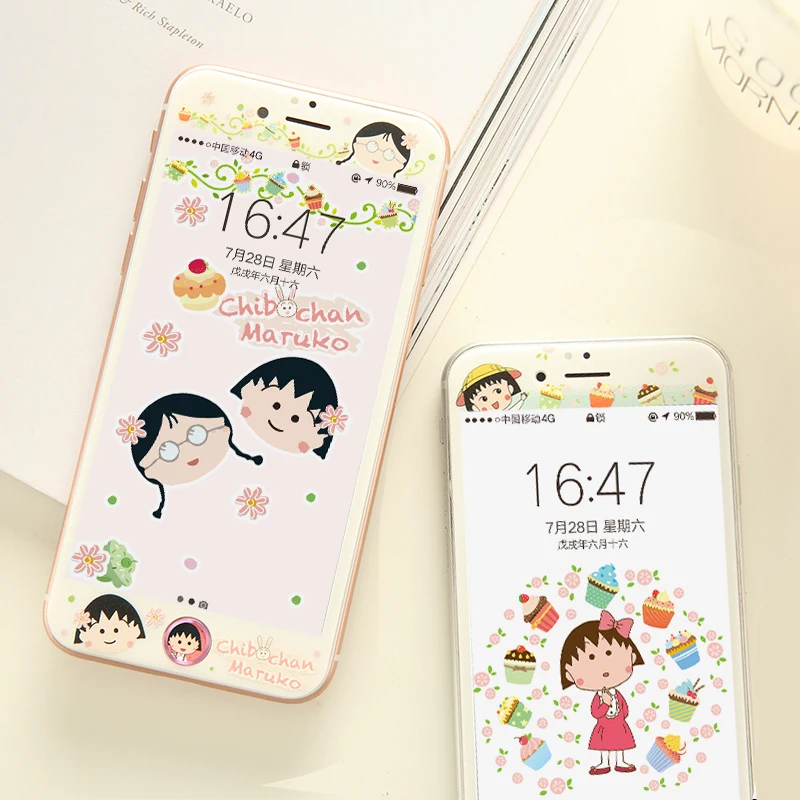 Cute Maruko front film for iPhone 8, tempered glass with soft edge screen protector for iPhone 6 6s 7 8 plus+ button sticker