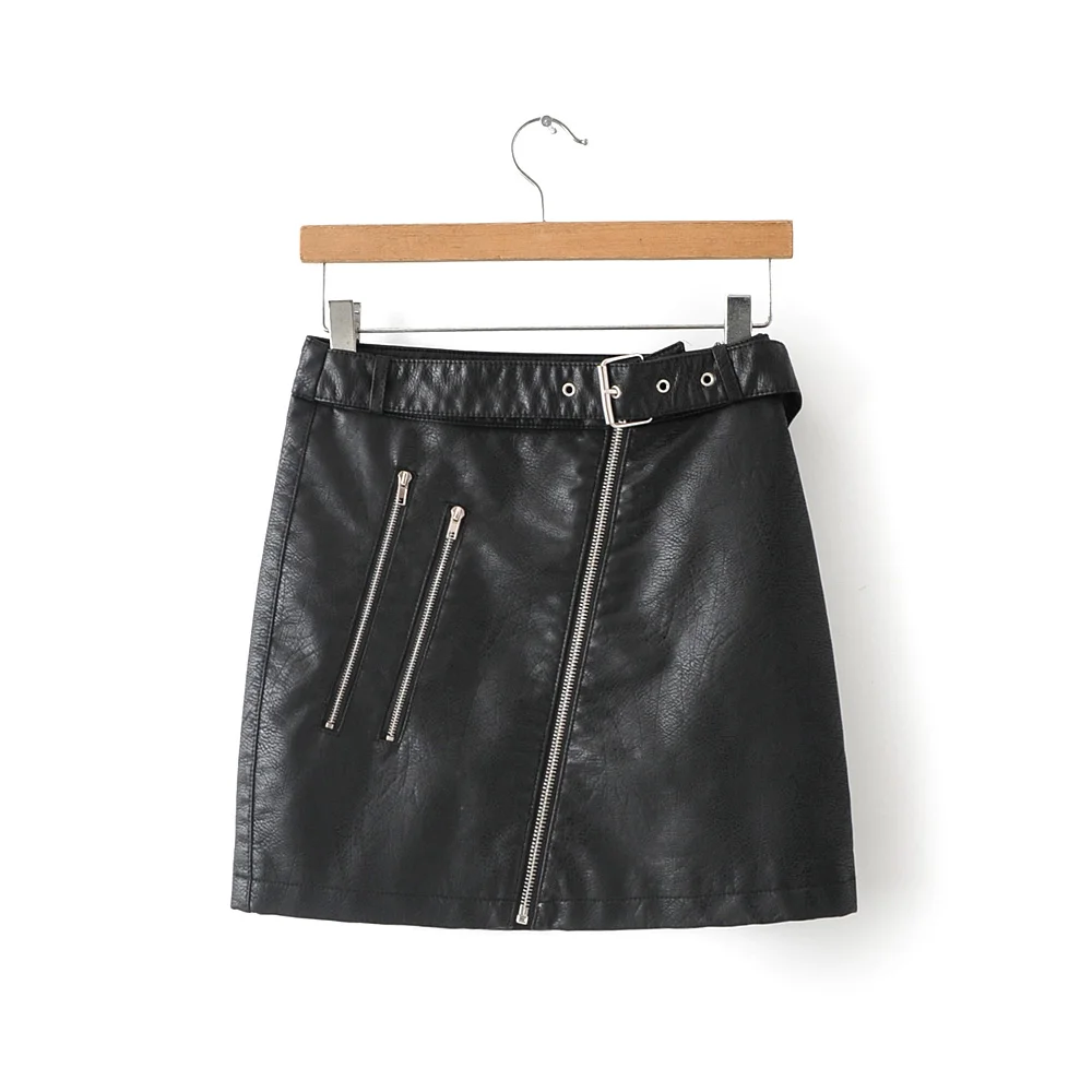 Осень-зима, женские уличные мини-юбки из искусственной кожи, с высокой талией, с коротким поясом, на молнии, модная юбка в стиле стимпанк - Цвет: FF-3 Black