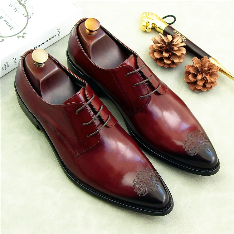 Burgundy Men Dress Oxfords Shoes Carved 2018 Black Pointed Toe Spring