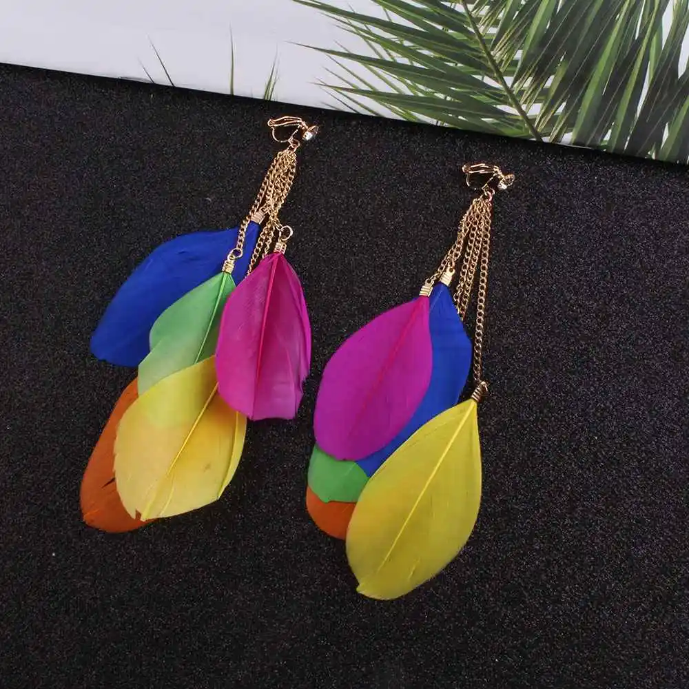 

JIOFREE Bohemia Fashion Jewelry multicolou Feather Clip on Earrings Non Piercing for Women Long Tassel Feather Earrings