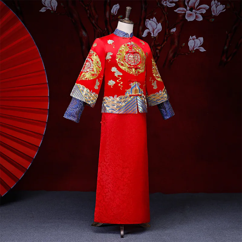 Красный Жених Винтаж Свободный чеонгам традиционное китайское свадебное платье атласное Qipao Вышивка костюм дракона Vestido восточные мужские
