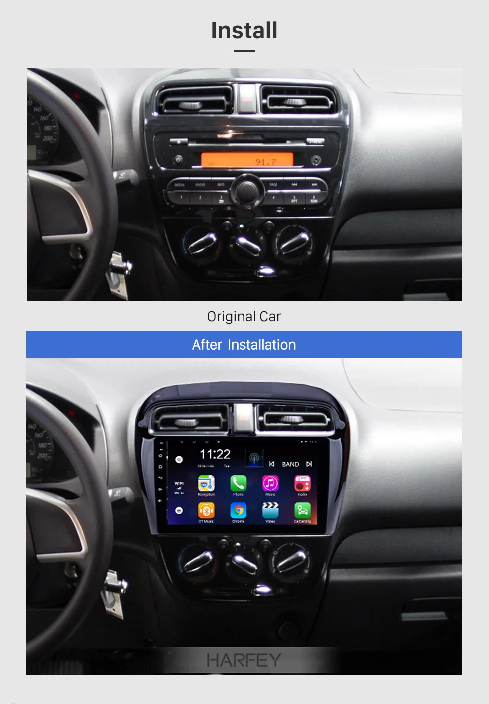 Perfect Harfey 9"Android 8.1 for 2012-2016 Mitsubishi Mirage Car Radio GPS Navi with HD Touchscreen Bluetooth USB WIFI FM SWC DVR OBD 2