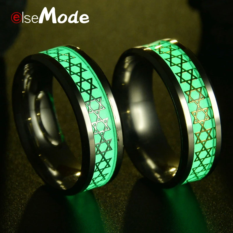 

ELSEMODE Star of David Gold Silver Glowing in the Dark Luminous Ring 316 L Titanium Steel For Men Women Father Day Gift Bijoux