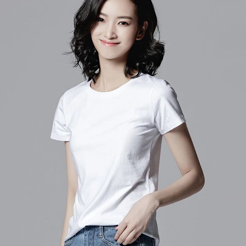 

95% Cotton Women T-shirt O-neck Short Sleeve women shirt All match Lady Top Black White Gray Yellow Shir