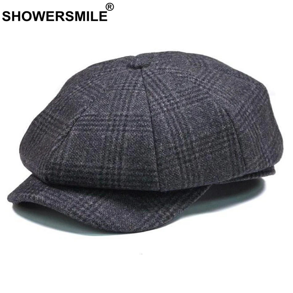 Gray Hat SHOWERSMILE брендовая клетчатая кепка Newsboy, Мужская винтажная шерстяная восьмиугольная кепка, Мужская теплая зимняя шапка для художника, серая кепка в британском стиле, s и головные уборы - Цвет: Gray Hat