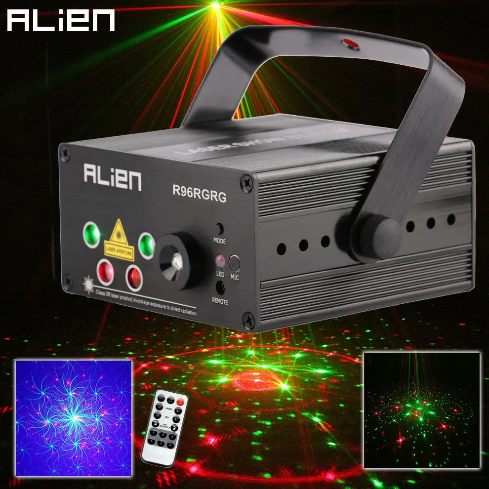 

Alien LED Laser Stage Lighting 5 Lens 96 Patterns RG Mini Laser Projector 3W Blue Light Effect Show For DJ Disco Party Lights