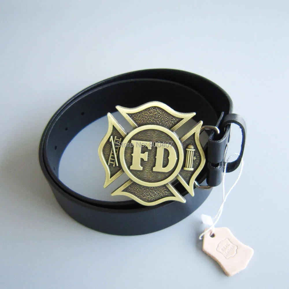 Bronze Plated FD Fire Firefighter Belt Buckle W Black Genuine Leather