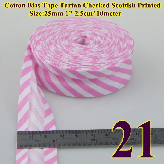 Хлопковая косая лента в горошек, в полоску, шотландская клетка с принтом Размер: 25 мм, " 10 метров, хлопковая саржевая ткань со складками - Цвет: stripe pink