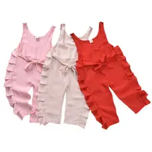 Комбинезон без рукавов для маленьких девочек от 1 до 6 лет комбинезон с оборками брючный костюм с бретельками и Бантом Летняя одежда