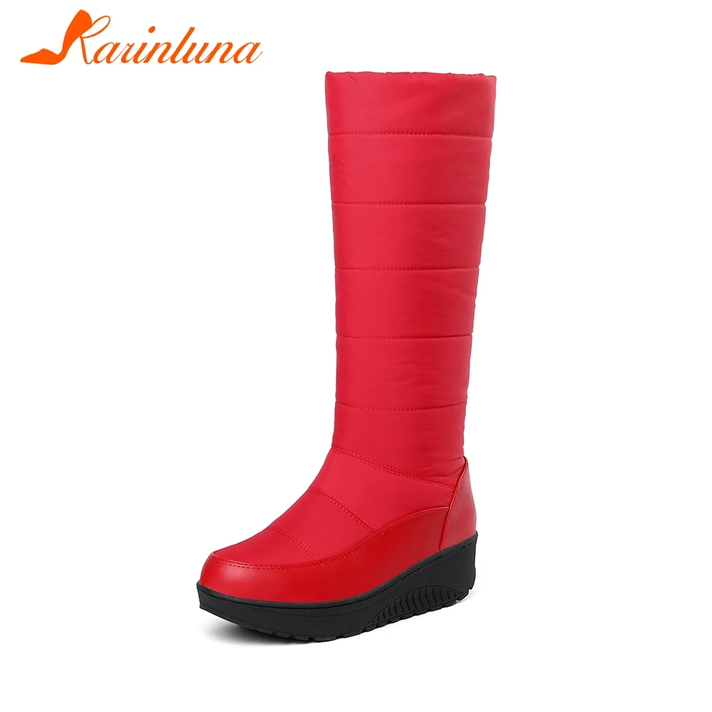 

KARINLUNA Plus Size 35-44 Concise Platform mid-calf Snow Boots Women Winter slip-on Warm Plush Wedges Boots Shoes Woman