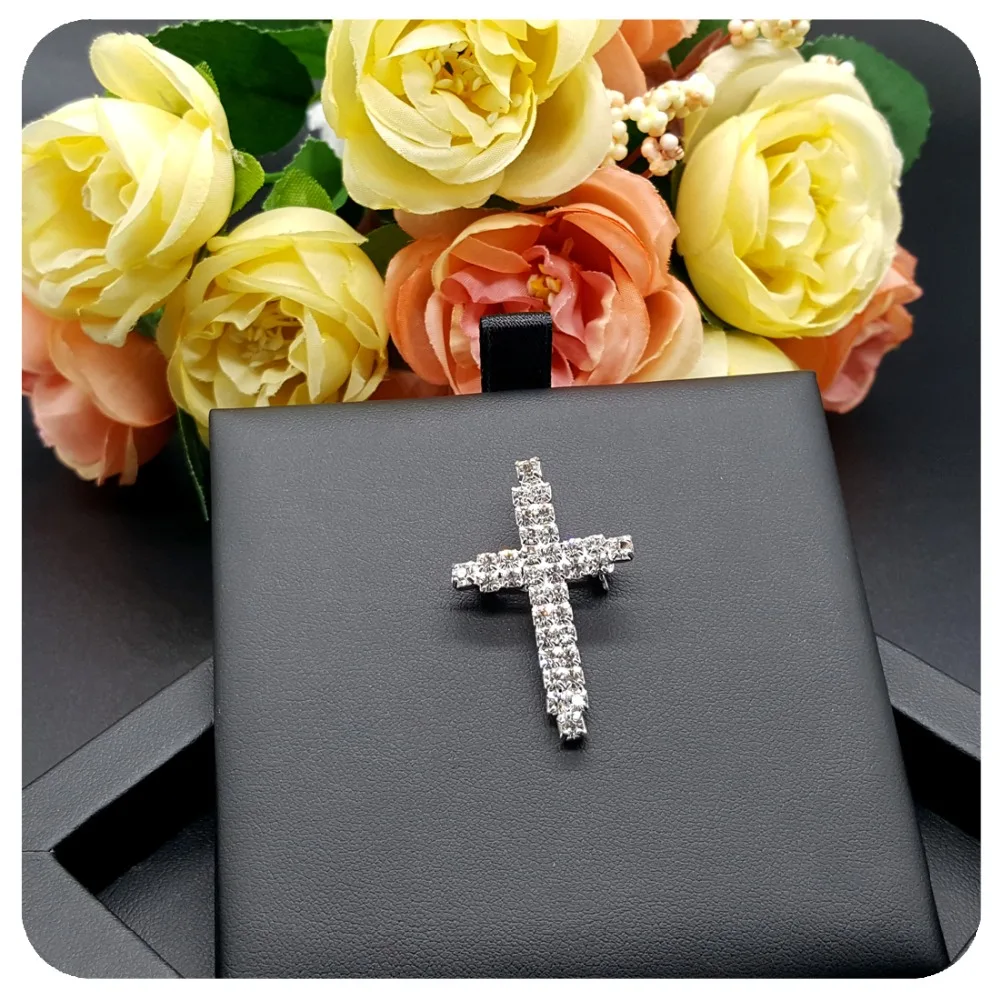 Silver color hand-made Clear Rhinestone Cross Brooch Pin for Woman mMn Party Gift