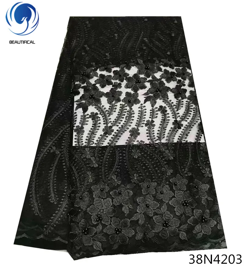 

Beautifical black lace fabric black african lace nigeria lace fabric 2018 with beads flowers pattern for party 5yards/lot 38N42