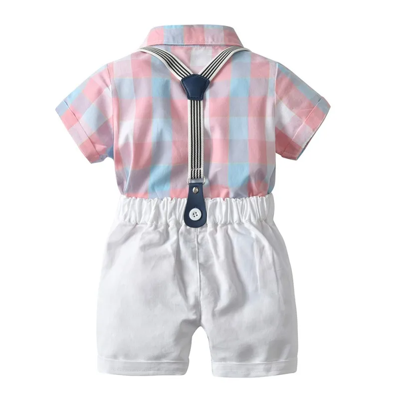 Летний для новорожденных, одежда для маленьких мальчиков, розовая клетчатая рубашка с принтом+ шорты+ ремень+ костюмная галстук-бабочка, нежные наряды, 4 шт./компл