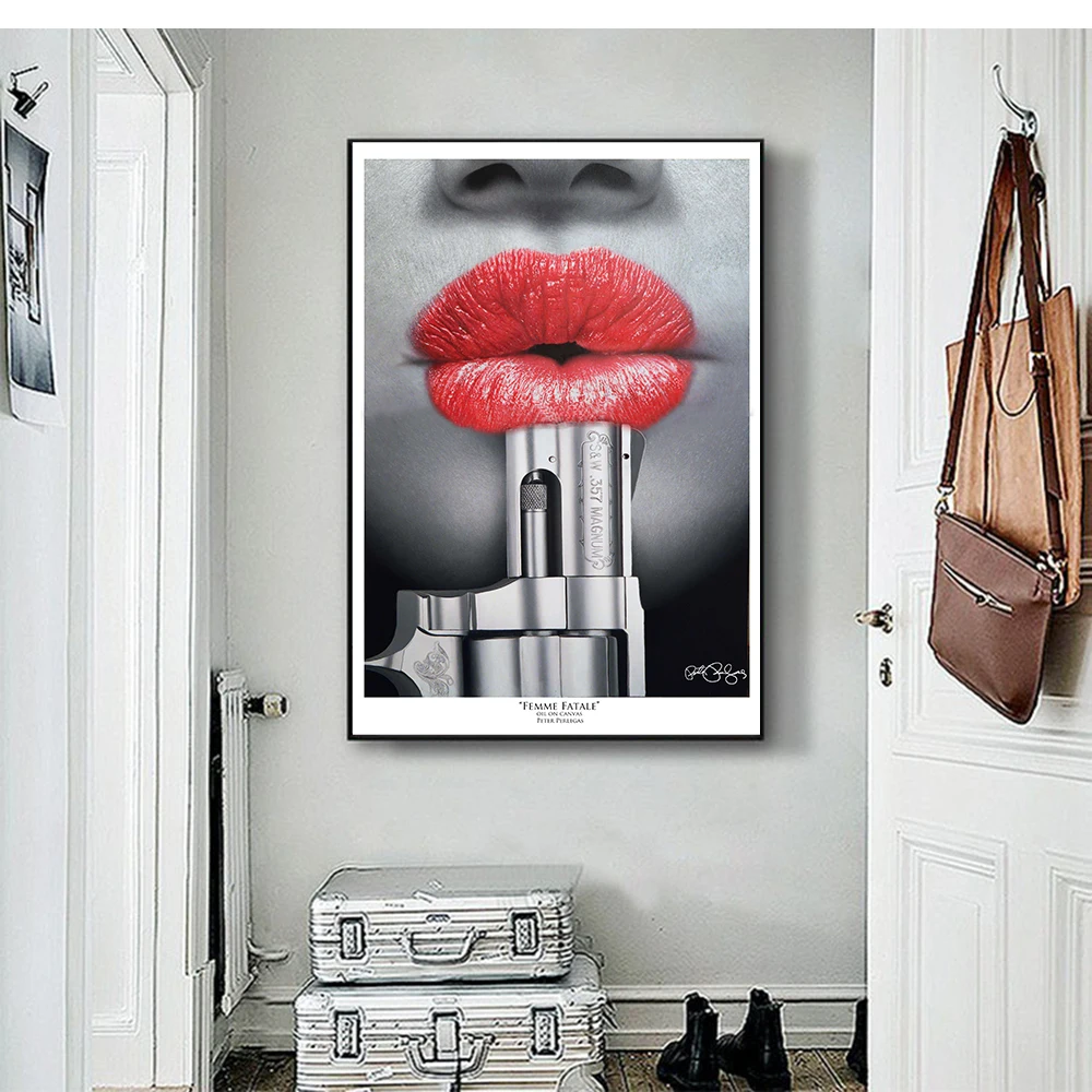 WANGART Цитата плакат женщина губы с пистолетом печать настенная живопись маслом на холсте Картина гостиная баридея креативное украшение дома