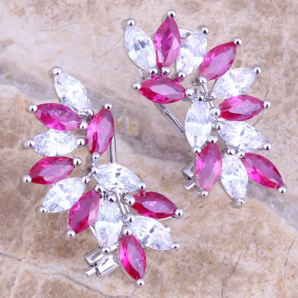 

Stunning Red Cubic Zirconia White CZ 925 Sterling Silver Clip Huggie Earrings For Women S0236