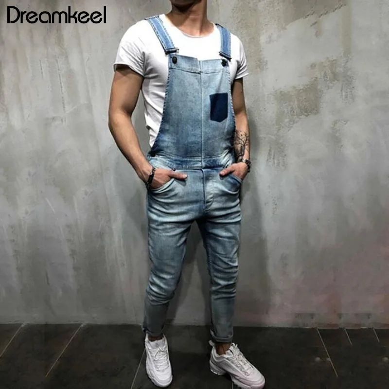 

2019 New Men Casual Jeans Jumpsuit Men's Vintage Jeans Jumpsuits Fashion Distressed Denim Bib Overalls Male Suspender Pants Y