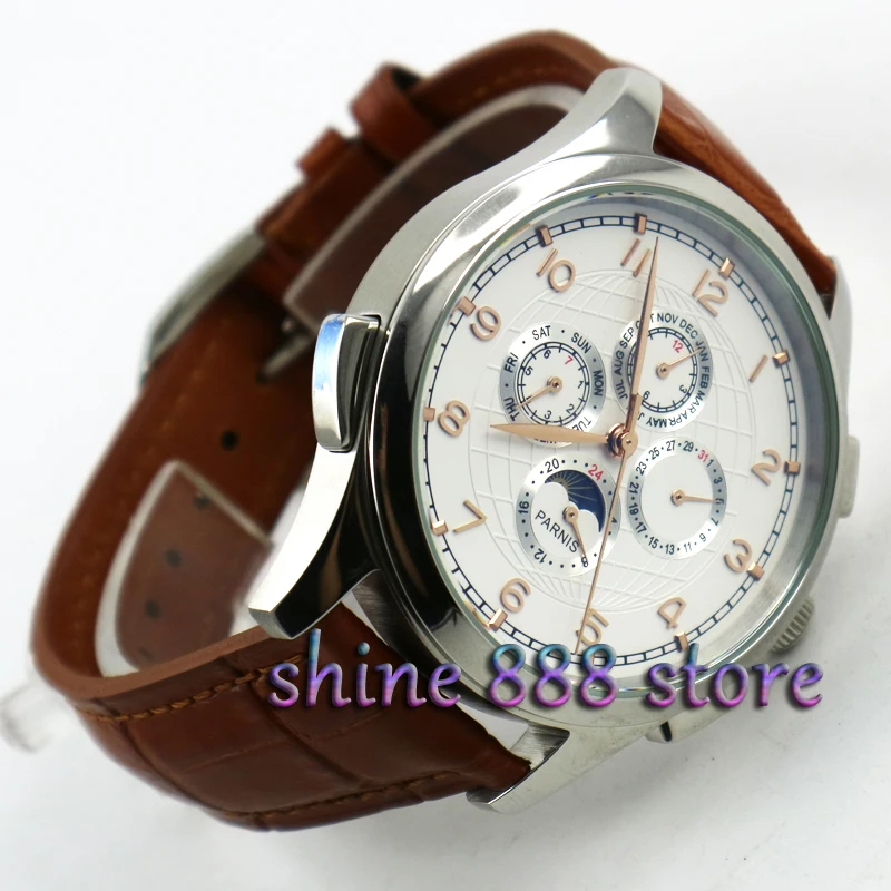 

Parnis 44mm White dial Moon Phase Multifunction Automatic movement men's watch
