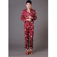 Бордовый 2 шт. Демисезонный с длинным рукавом мужской пижамы китайский Для мужчин атласные шелковые пижамы Комплект пижамный костюм размеры S M L XL XXL, XXXL 011015