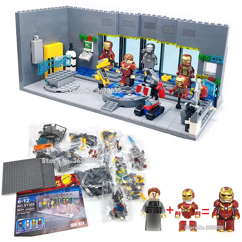 

iron Man Underground laboratory basis Removable nail Mech figures Weapons Building Blocks Diy Super hero MOC child Christmas toy