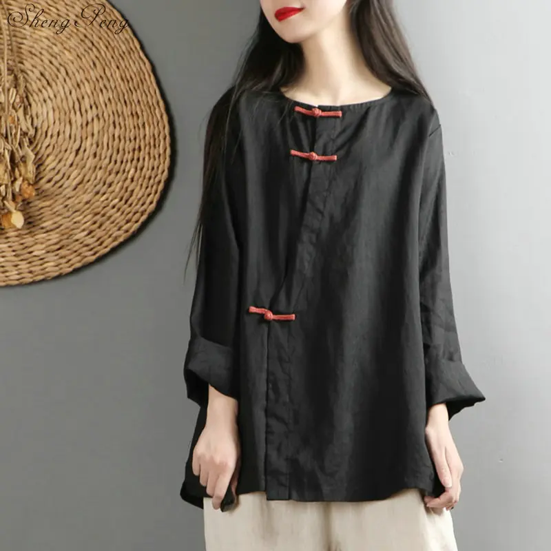 Лен Китайский традиционный Топ рубашка Ципао для Женский Чонсам стиль рубашка Китайский блузка дамы V1470