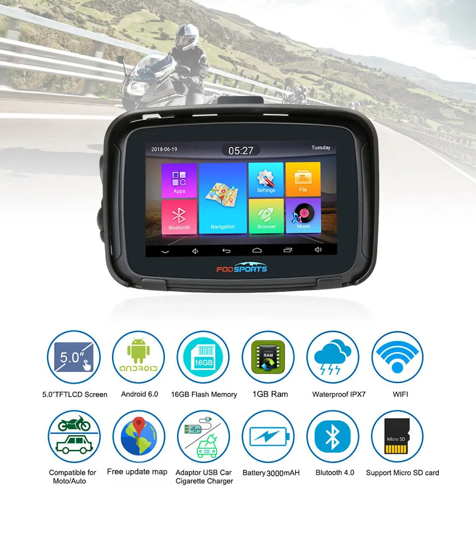 Fodsports 5 дюймов мотоциклетный навигатор android 6 0 wifi 16G Автомобильный gps ipx7 QM00011-1