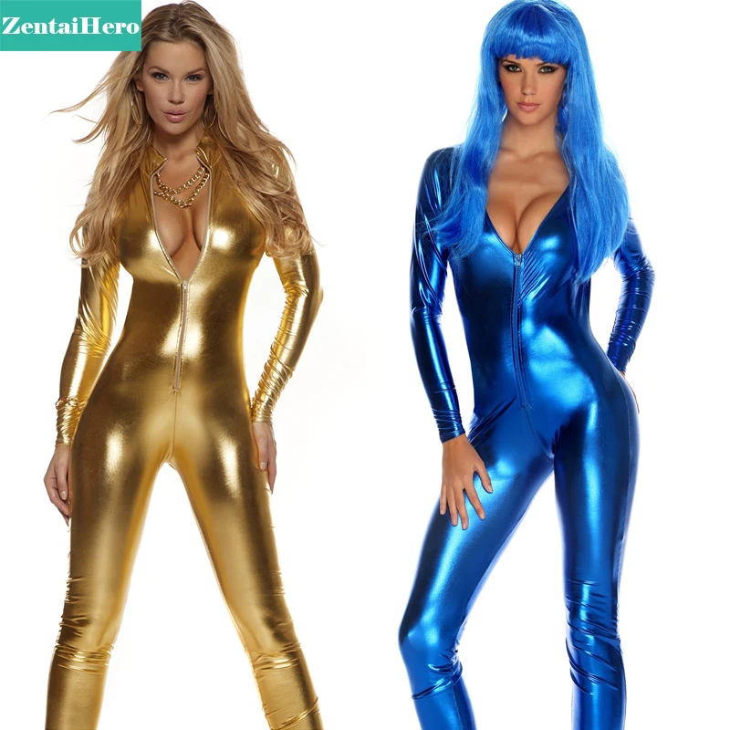 Fancy Dress Metallic Gold Full Body Zentai Spandex Lycra Catsuit Black Eyes