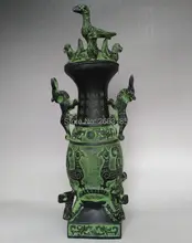 Chinese Antique Bronze Four Dragons Standing Bird Pot Wine Vessel Statue Living Room Home Decoration Collection Bussiness Craft