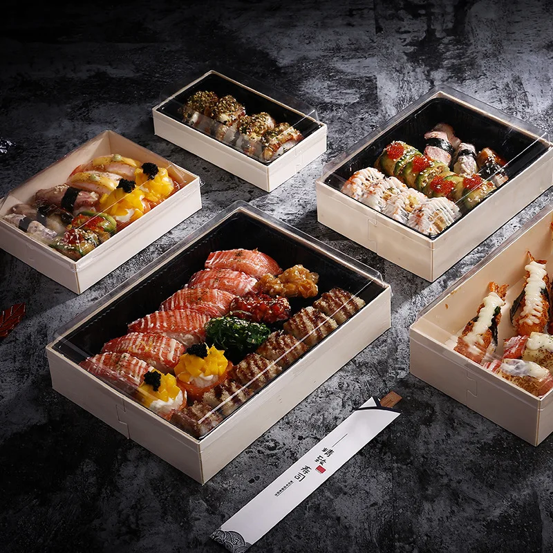 US $21.85 Disposable Wood Lunch Box Japanese Sushi Case Salad Wrapping Food Container Sashimi Tempura Foldable Wood Boxes Packing Tools