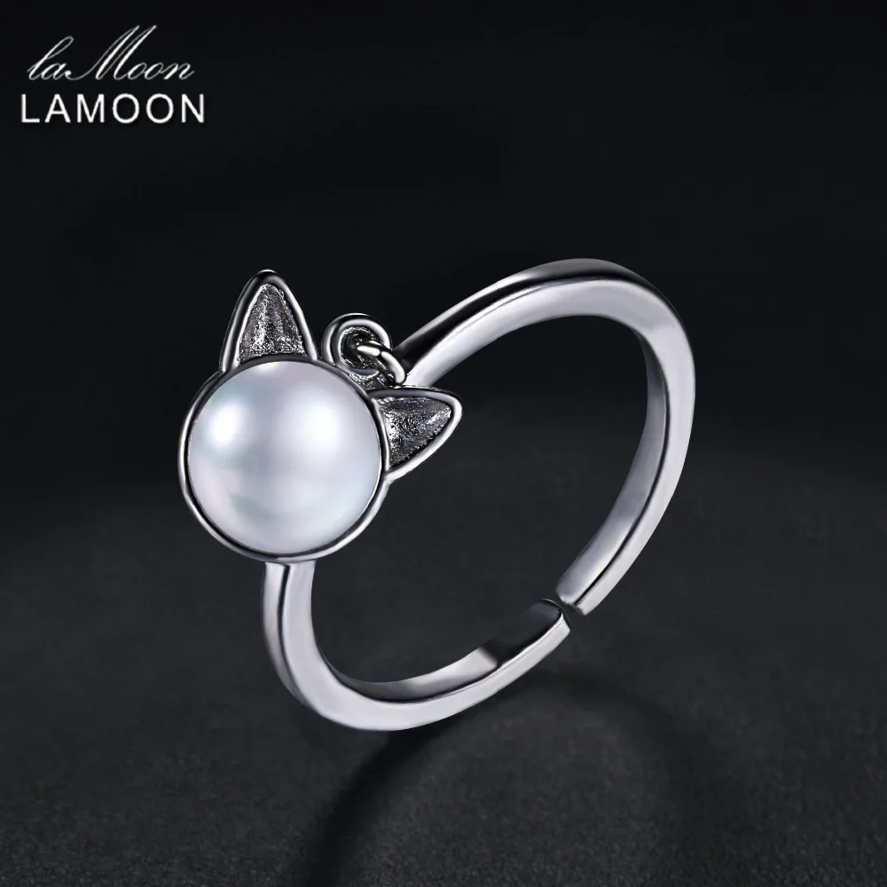LAMOON Lovely Cat 925-Sterling-Silver Adjustable Rings 6mm Pearls S925 Fine Jewelry for Women Girls Gift Anti Allergy LMRY053