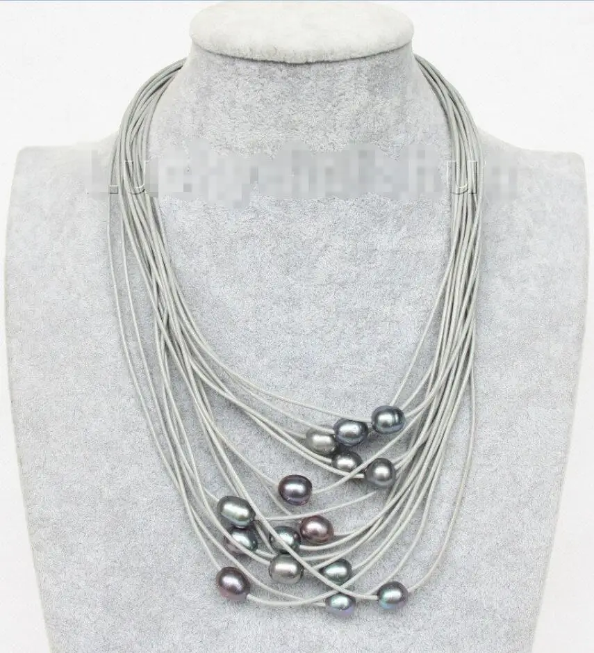 

Hot sale new Style >>>>>17"-24" 13mm 15row black FW pearls gray leather necklace j9628
