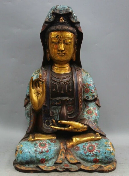 

wholesale factory 17" Chinese Cloisonne Bronze Gild Kwan-yin Guan Yin Boddhisattva Vase Statue