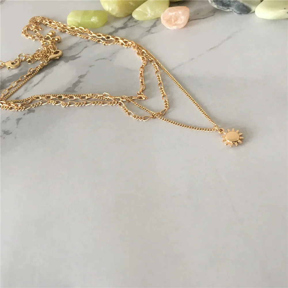

LOVELY WOMEN NECKLACE GOLD COLOR PLATING SMALL SUN PENDANT LAYERED NECKLACE