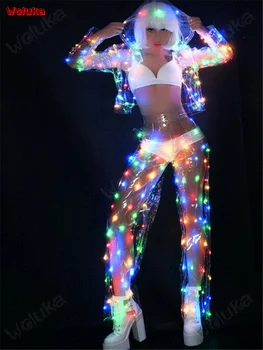 

LED dazzling transparent hooded costume party luminescent performance suit bar DJ Dance Wear Team stage dress CD15 T02