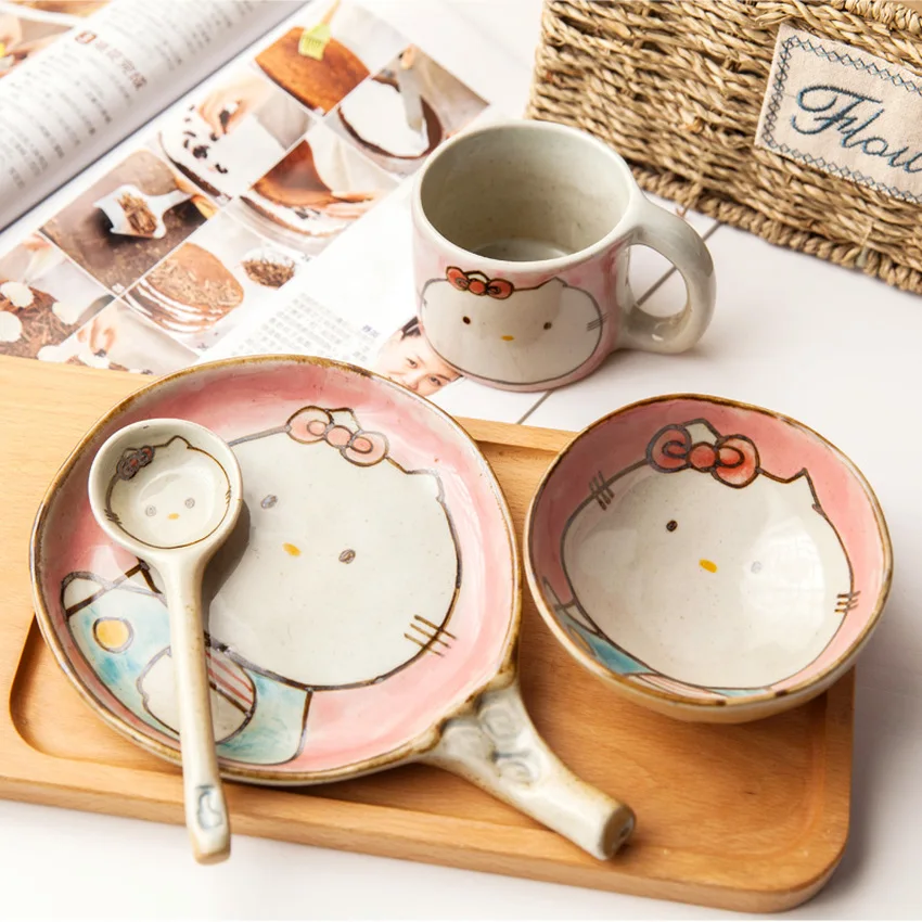 

Original Hello Kitty Hand-painted Ceramic Rice Bowl Set Cutlery Cute Cartoon Salad Bowl Chic Plate Cutlery Creative Soup Spoon
