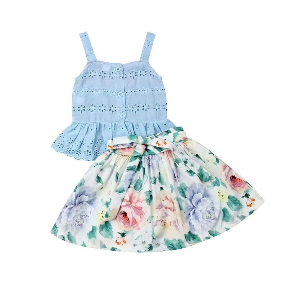 

New Lovely Toddler Baby Girl Hollow Out Vest Tops Floral Short Dress Summer Outfit Clothes