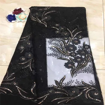 

French Net Lace Fabric 2019 Latest African Guipure Lace Fabric With Embroidery Mesh Tulle Black Color Sequins Lace Fabric