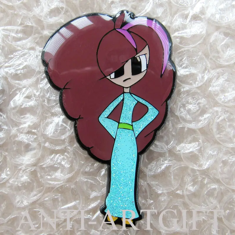 

Girl Meal badge Soft Enamel with Epoxy Blue Glitter Dye Black Metal 57.15mm