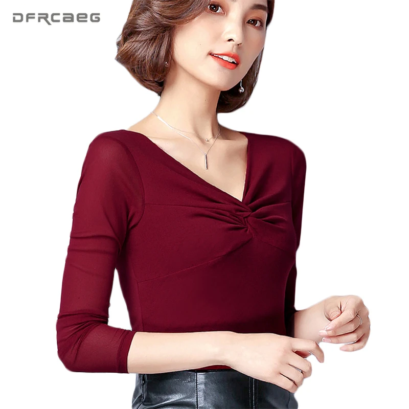 

Sexy V-Neck Mesh Women Blouses 2018 Autumn Vintage Body Feminino Long Sleeve Bow Blusas Mujer Big Size Tops Spliced Basic Shirts