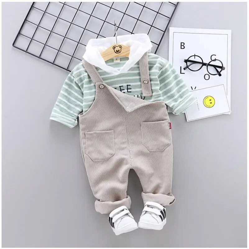 

Toddler Boys Girls Clothing Sets 2019 Autumn Baby Infant Clothes Suits Striped Hooded Shirt Bib Pants Kids Children Costume Suit