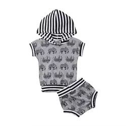 2018 милые топы с капюшоном для новорожденных мальчиков и девочек, серая футболка с короткими рукавами и шорты, комплект летней одежды с