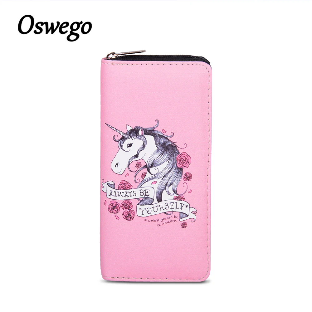 

OSWEGO Pink PU Leather Cartoon Unicorn Prints Women Long Wallet Fashion Clutch Wallet Zipper Coin Purse Card Holder Phone Bag