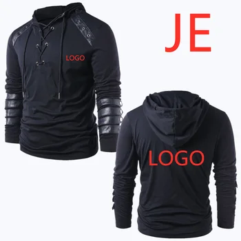 

JE Men's Custom Logo Hoodies Drawstring Leather Patchwork Sweatshirt Hooded Long Sleeve Male Hoodies High Streetwear Blouses