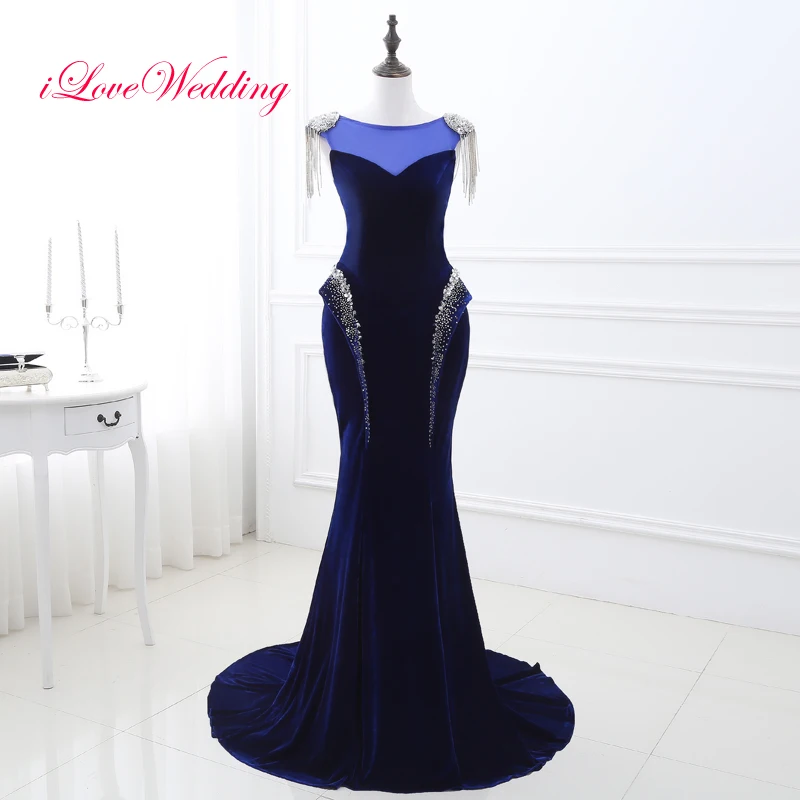 

100% Real Images Royal Blue Prom Dresses Cap Sleeve Mermaid Scoop Velour With Beading Crystal Formal Gowns Evening Party Dresses