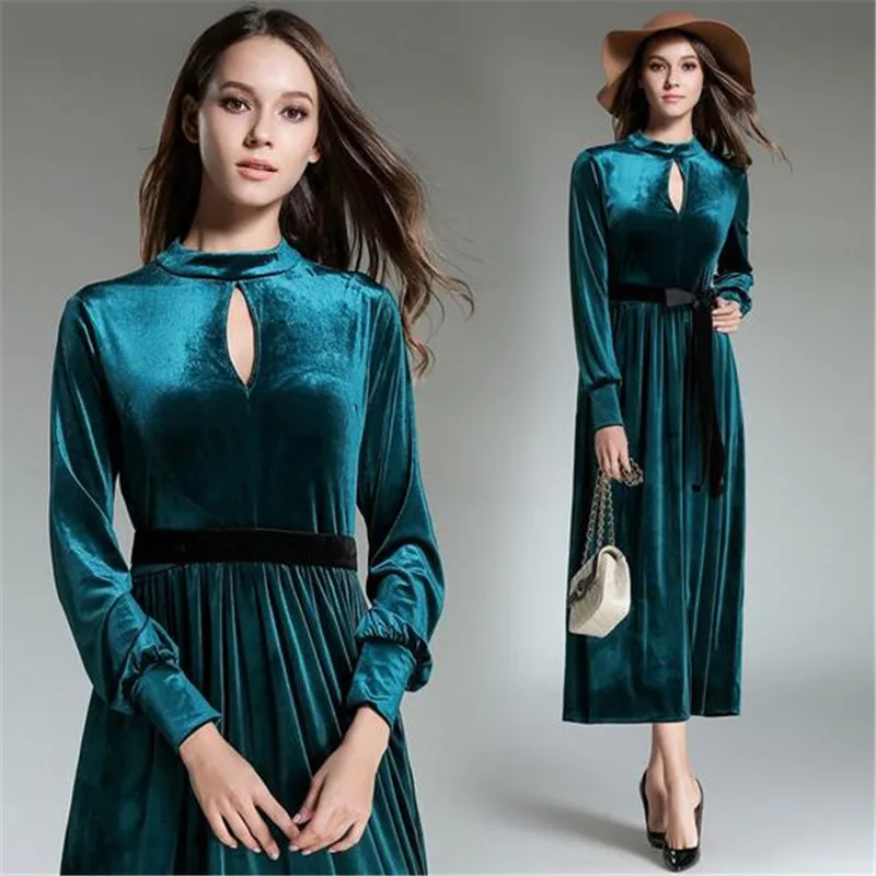 

Gold Velvet Women Solid Elegant Long dress Stand Collar Hollow Out Velour Dresses Spring Autumn Vestidos Big Size M-2XL