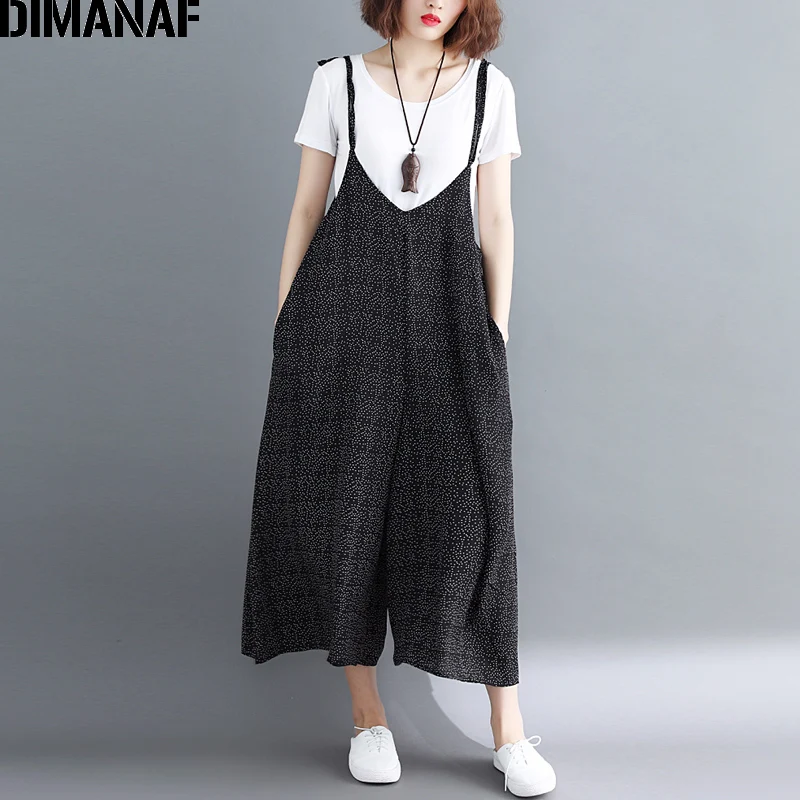 

DIMANAF Women Jumpsuits Plus Size Wide Legs Long Pants Sleeveless Summer Femme Large Trousers Clothing Loose Vintage Dot Black