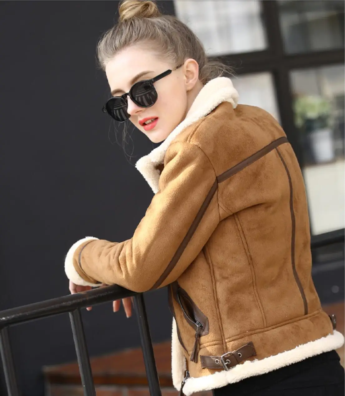 Women Faux Sheepskin Shearling Coat New Warm Suede Jacket Motorcycle Lamb Fur Coats Brown Leather Jacket AS30100
