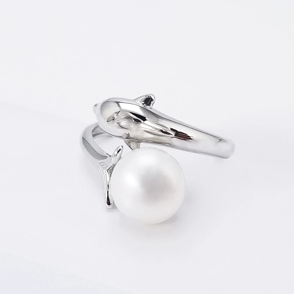 

Silver 925 Dolphin Pearl Ring Woman Adjustable Oyster Pearl Ring Mount Accessory Sterling Silver Animal Series Ring