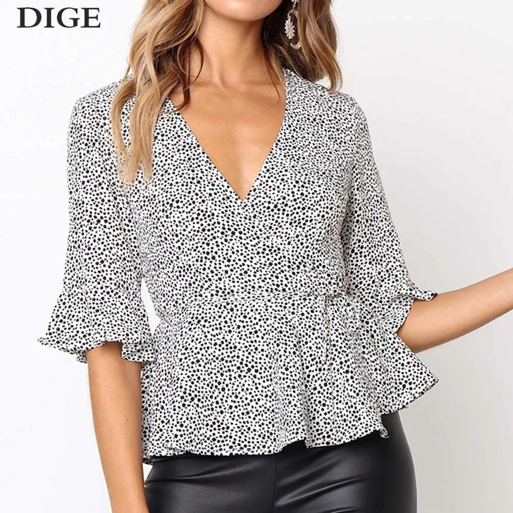

New Blouse Women Summer Fashion Short Sleeve V-neck Polka Dot Blouse Ladies Office Shirt Elegant Ruffle Tops Tunic Camisas Mujer